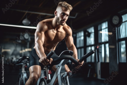 A man engages in an intense workout session on a stationary bike at the local gymnasium, Sports to the max, Young muscular athlete during training on an exercise bike, AI Generated