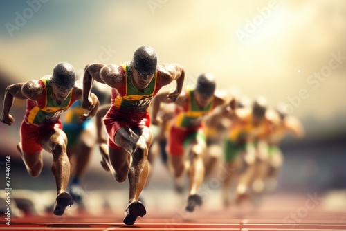 Athletes Running on a Track in a Group Fitness Session, Sprinters bursting out of the starting blocks at a track and field event, AI Generated photo