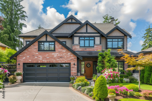 Luxury house exterior with brick and siding trim, double garage, and a big flowers garden