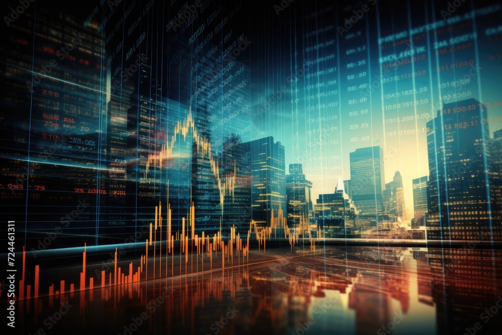 A stunning view of a cityscape featuring tall skyscrapers and buildings as the backdrop, stock market graph, wall street and financial background, AI Generated