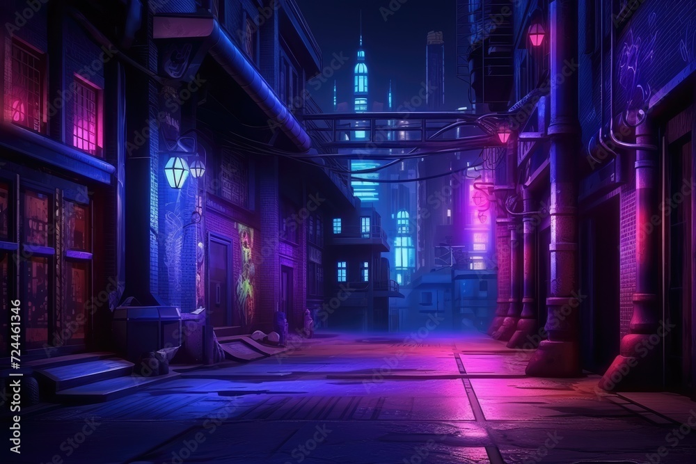 Dark Alley With Neon Lights and Buildings, An Urban Nightscape Picture, Street in cyberpunk dystopian city at night, dark alley in neon lights, AI Generated