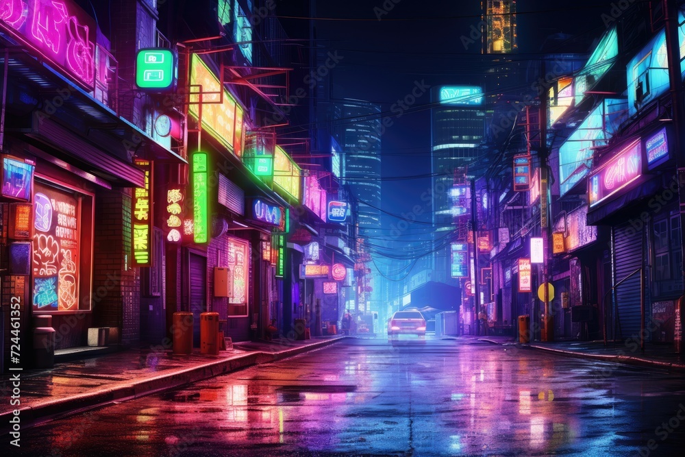 A visually striking photo of a city street at night, enhanced by an array of vibrant neon lights, Street in cyberpunk dystopian city at night, dark alley in neon lights, AI Generated