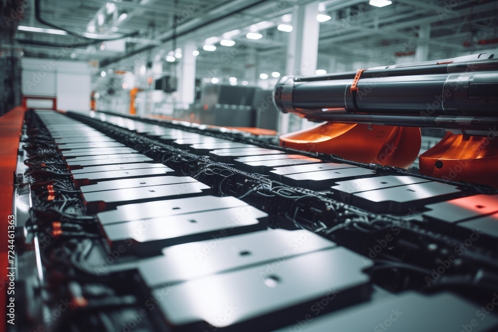 An image showing several rows of metal plates in a factory setting, Stunning image of electric vehicle battery packs assembly line, AI Generated