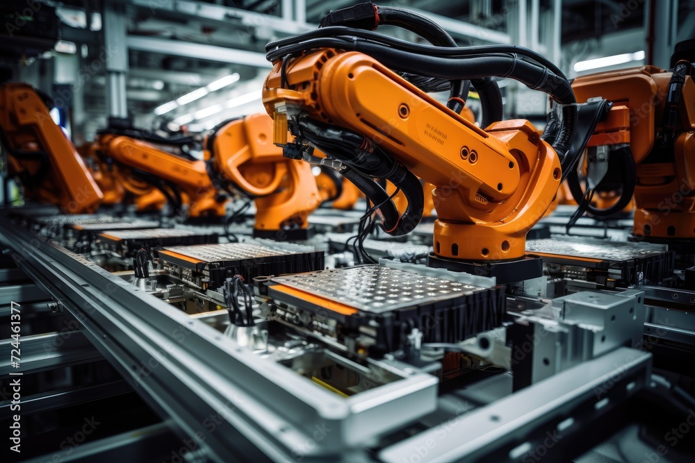 Robots are diligently working on a conveyor belt, streamlining production in a factory, Stunning image of electric vehicle battery packs assembly line, AI Generated Robots are diligently working on a conveyor belt, streamlining production in a factory, Stunning image of electric vehicle battery packs assembly line, AI Generated