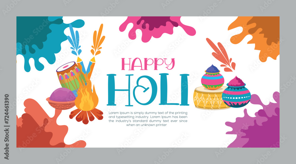 Happy Holi colorful banner template indian hinduism festival celebration, social media poster design
 and horizontal banner template for Holi festival celebration