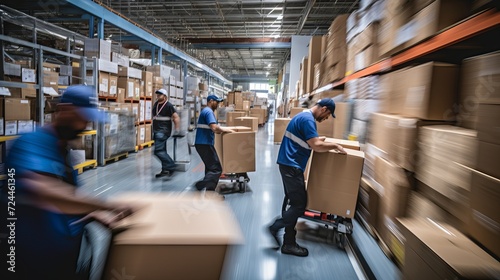 Warehouse workers in motion, handling cargo boxes with speed and skill photo