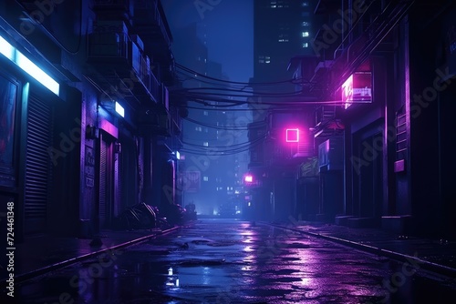 Night View of City Street With Red Traffic Light, Street in cyberpunk dystopian city at night, dark alley in neon lights, AI Generated