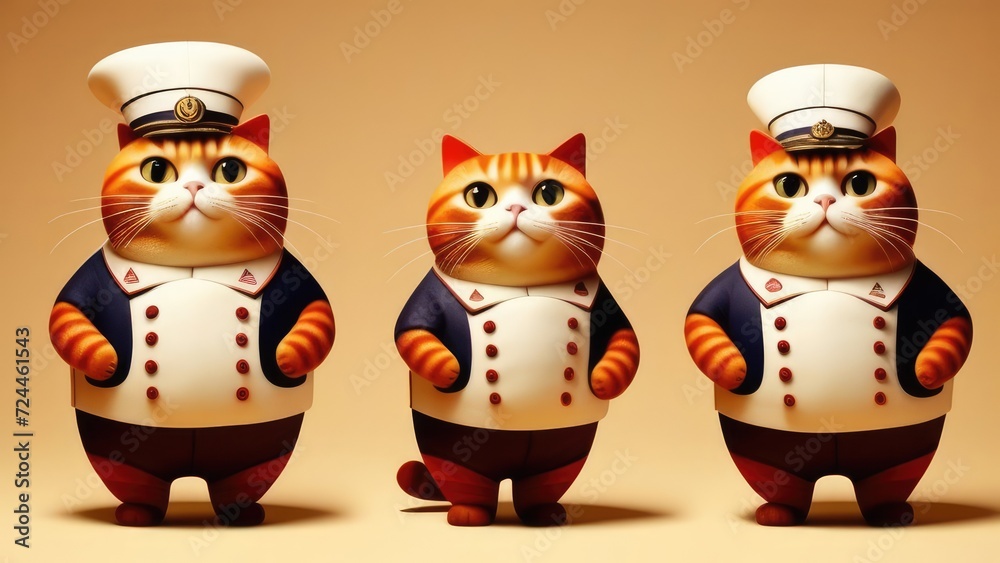 Obraz premium Three cute, fat sailor cat, dynamic, anthropomorphic, isolated on a yellow background, expressive style. For design, print, postcard, greeting card.