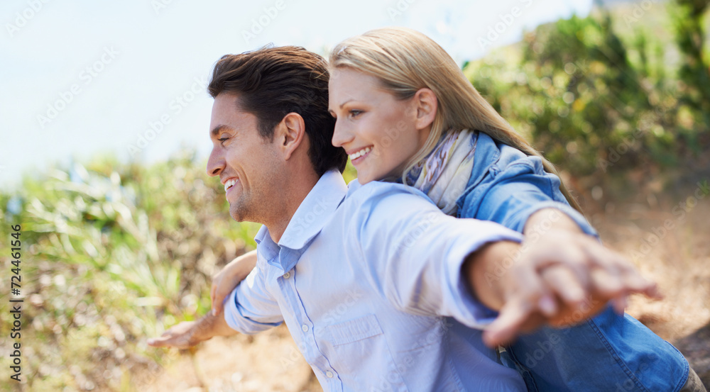 Couple, face and happy in nature with freedom in relationship for holiday, vacation or travel. Romance, man and woman with smile outdoor in forest with embrace for bonding, love or relax in woods Couple, face and happy in nature with freedom in relationship for holiday, vacation or travel. Romance, man and woman with smile outdoor in forest with embrace for bonding, love or relax in woods