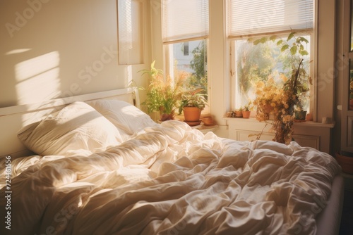A simple photograph of a bed with a white comforter in a tranquil and inviting bedroom, Sunlight on bed in simple bright bedroom, AI Generated © Iftikhar alam