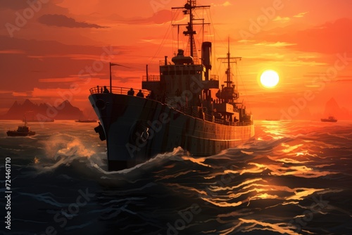 A breathtaking painting capturing the beauty of a ship sailing through the calm ocean as the sun sets, Sunset over a navy ship on the open sea, AI Generated © Iftikhar alam