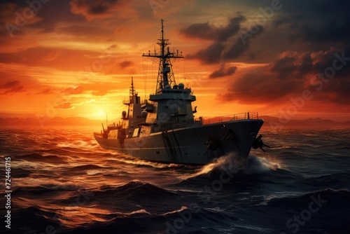 A majestic ship sails through the calming ocean waters as the sun sets on the horizon, Sunset over a navy ship on the open sea, AI Generated