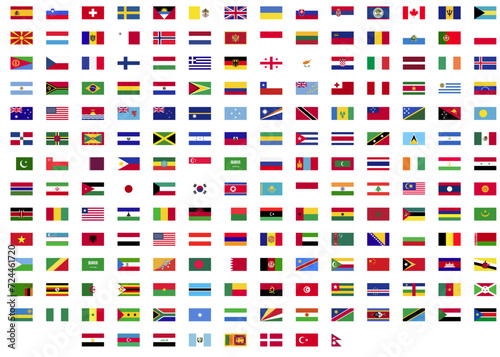 The collection of national flag icons for all countries in the world isolated on white background.