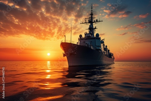 A massive ship floats effortlessly on the calm surface of the water, Sunset over a navy ship on the open sea, AI Generated