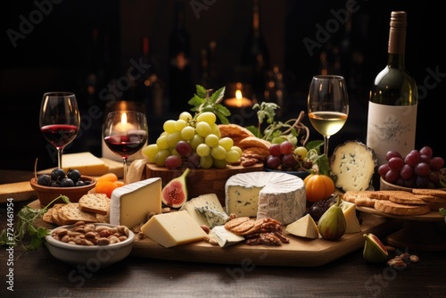 A variety of cheese and bottles of wine beautifully arranged on a rustic wooden table  Table of different Cheeses and wines  AI Generated