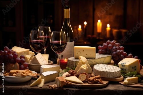A table filled with a variety of cheeses and bottles of wine, perfect for a wine and cheese tasting session, Table of different Cheeses and wines, AI Generated