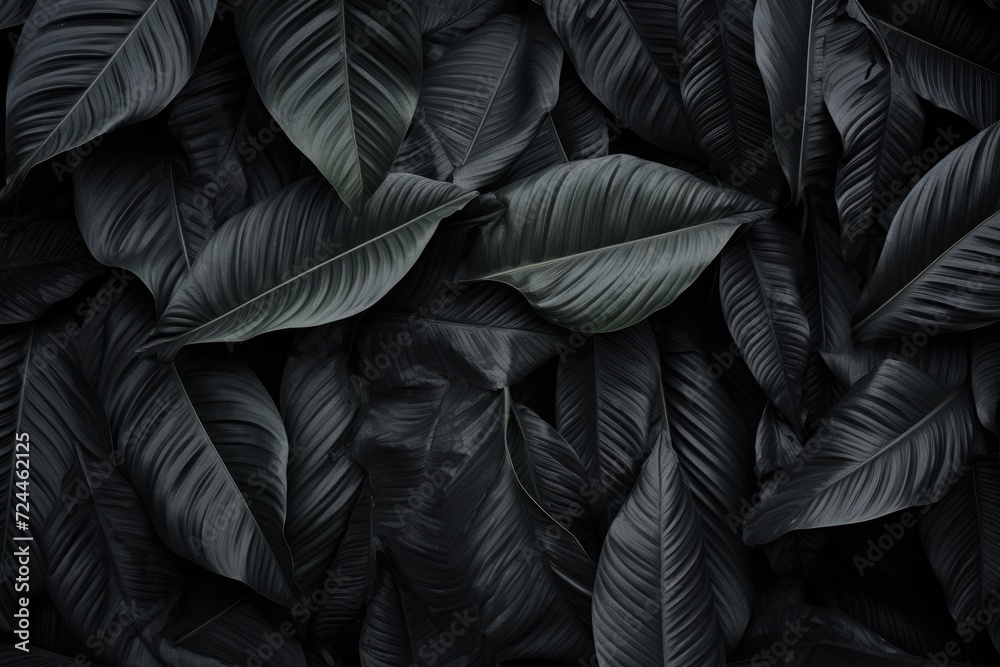 A captivating black and white photograph featuring a multitude of leaves grouped together, Textures of abstract black leaves for tropical leaf background, AI Generated