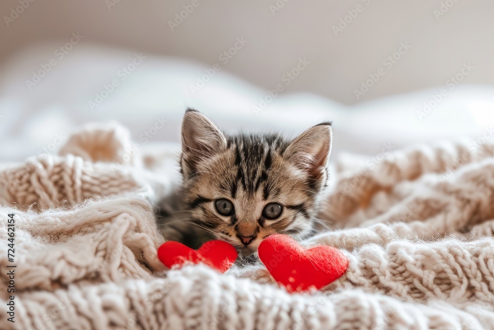 Naklejka premium Valentines Day cat. Small kitten playing with red hearts on light white blanket on bed