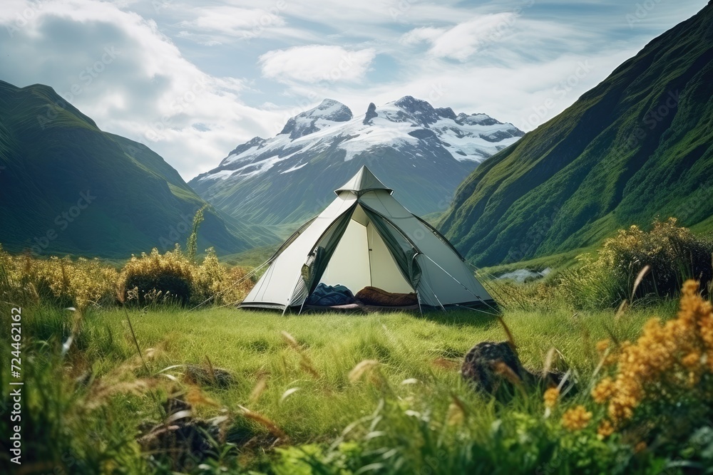 A lone tent pitched in a spacious field, offering breathtaking views of majestic mountains in the backdrop, tent in the middle of nature, beautiful landscape, AI Generated