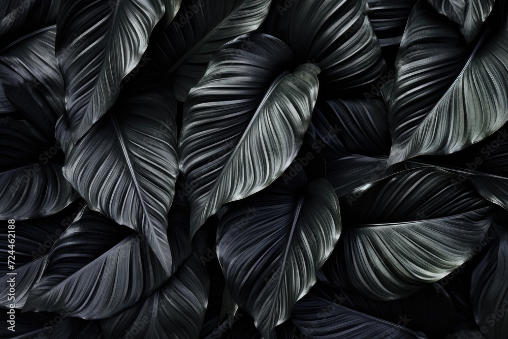 An abundant collection of leaves showcased in stunning black and white photography, Textures of abstract black leaves for tropical leaf background, AI Generated