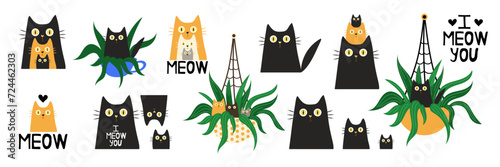 Set cute hand-drawn cats. Simple vector illustration for card design and for children. Pets concept, love and family concept.