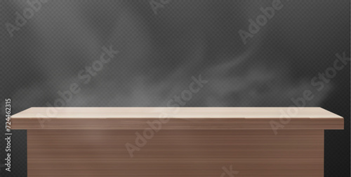 Brown wood 3d table top with steam or smoke on transparent background. Foreground view on desk with wood texture surface for goods display. Realistic vector of empty office or kitchen furniture.