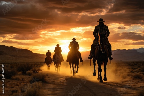 A group of people happily riding horses together down a dirt road  the cowboys come back to town at sunset  a Western story  AI Generated