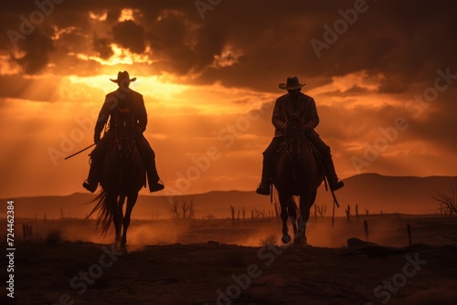 Two men joyously ride strong horses through a beautiful field as the sun sets before them, the cowboys come back to town at sunset, a Western story, AI Generated