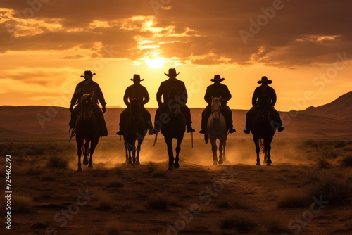A group of men on horseback ride together, herded by a few farmers, along a scenic countryside road, the cowboys come back to town at sunset, a Western story, AI Generated
