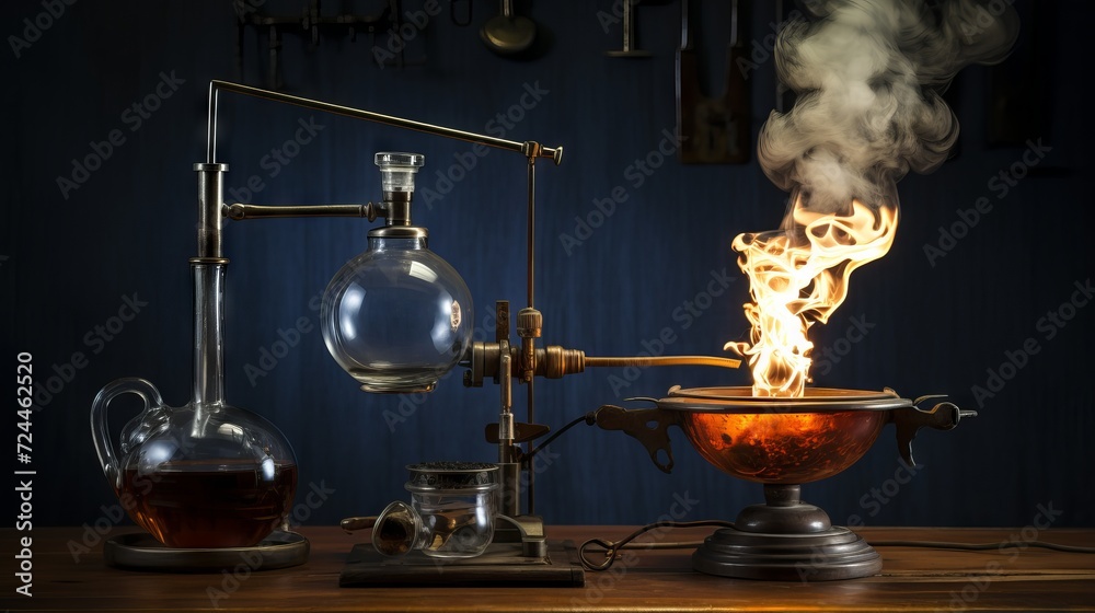 Chemistry experiment with a Bunsen burner and a crucible on a laboratory table Stock Photo