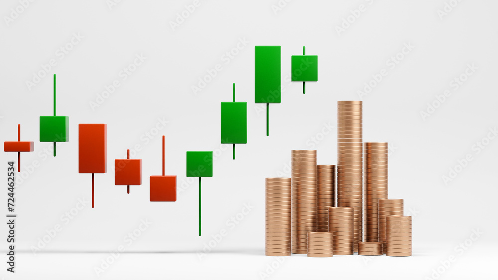 Graphic of 3D candlestick in stock market with money, 3D render Graphic of 3D candlestick in stock market with money, 3D render
