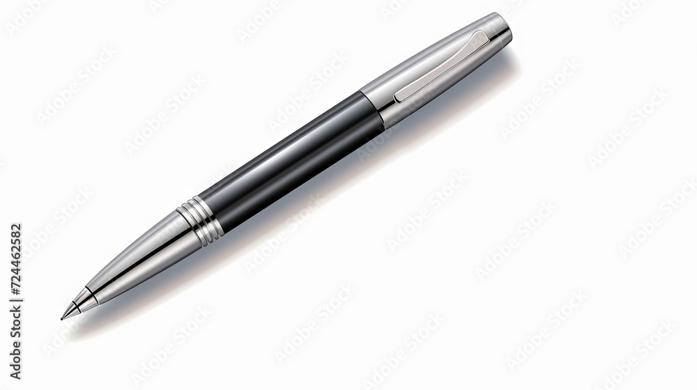A realistic 3D rendering of a silver business office pen with lying on a white surface background, suitable for professional and corporate design projects. A realistic 3D rendering of a silver business office pen with lying on a white surface background, suitable for professional and corporate design projects.