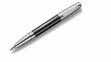 A realistic 3D rendering of a silver business office pen with lying on a white surface background, suitable for professional and corporate design projects.