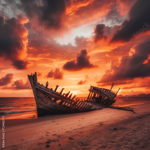 Abandoned shipwreck sits on sun-bathed beach © robfolio