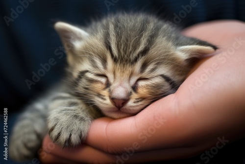 A heartwarming moment captured as a person delicately holds a small kitten in their hands, showcasing the pure affection between human and animal, The kitten sleeps in my palm, AI Generated