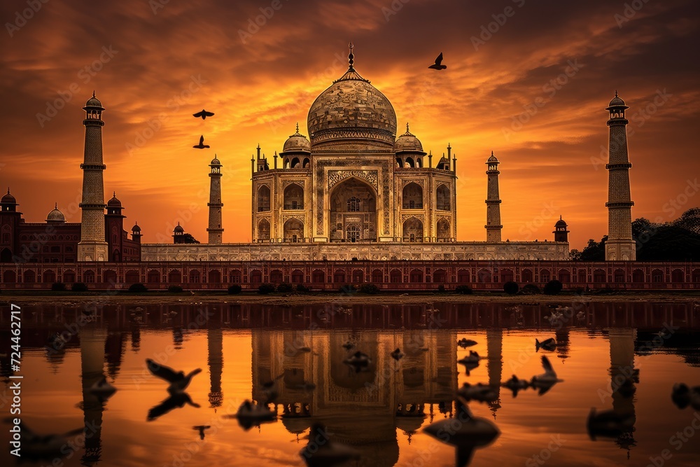 A magnificent architectural landmark, a large building sits proudly next to the serene body of water, The majestic Taj Mahal adorned with golden lanterns and soaring birds, AI Generated