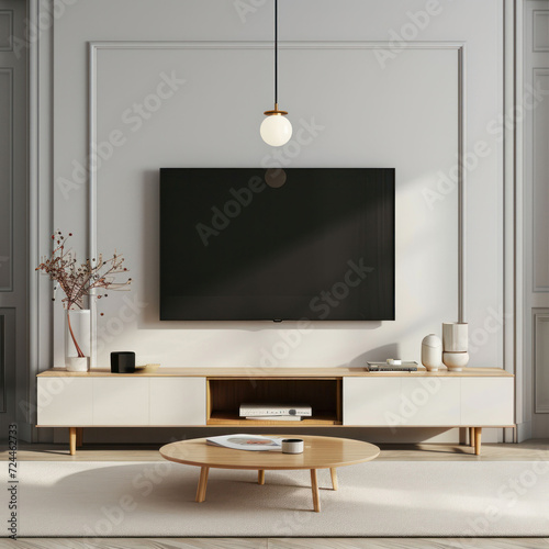 White color wall Background, minimal living room interior decor with a TV cabinet. plain light mock up. wooden furniture.