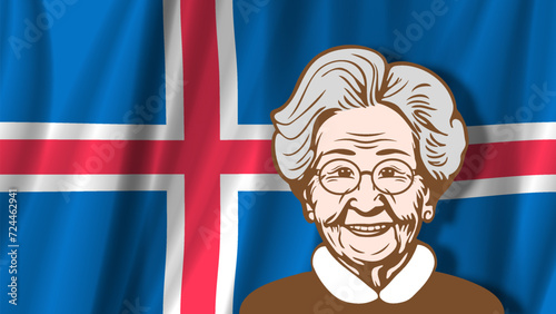Vector graphic portrait of a happy smiling pretty elderly lady with glasses on the background of the waving Iceland flag. The quality of life for retirees is one of the best in Iceland.