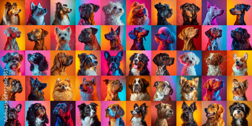 Studio portraits of beautiful dogs before neon backgrounds