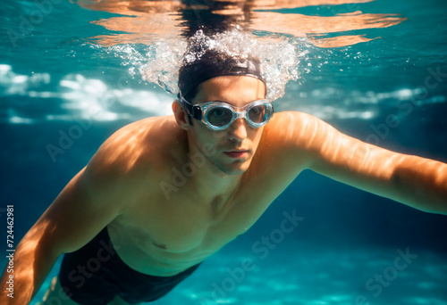 Portrait of a young man swimming underwater in the pool with goggles