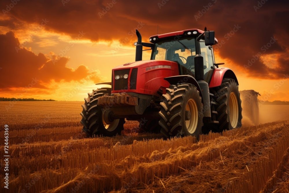 A red tractor is seen driving through a field in the countryside, performing agricultural work on a sunny day, Tractor on the barley field by sunset, AI Generated A red tractor is seen driving through a field in the countryside, performing agricultural work on a sunny day, Tractor on the barley field by sunset, AI Generated