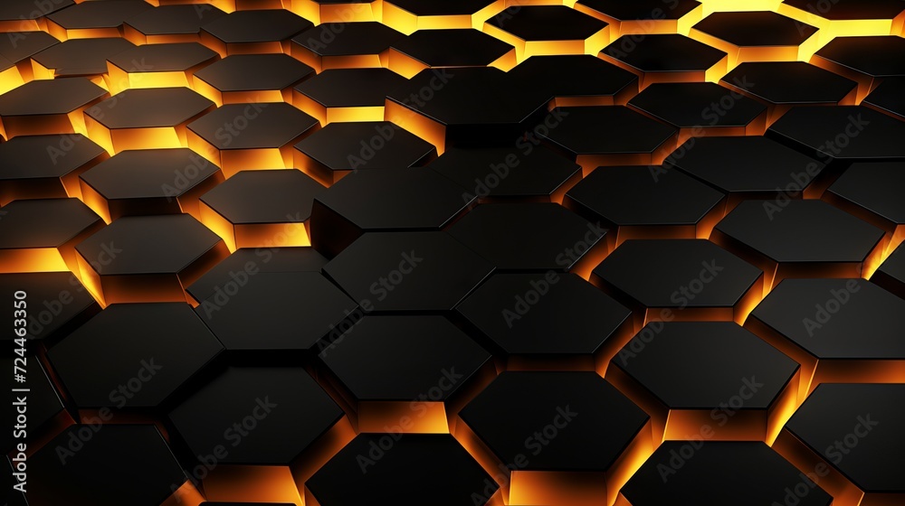 Abstract geometric pattern of black hexagons on dark background - digital art for futuristic, sci-fi, or technology themes Abstract geometric pattern of black hexagons on dark background - digital art for futuristic, sci-fi, or technology themes