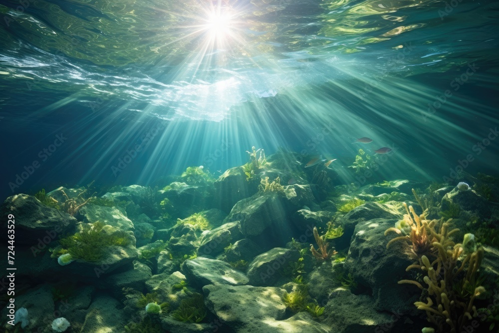 Sunlight Illuminating Coral Reef With Water Reflections, Underwater sunlight through the water surface seen from a rocky seabed with algae, AI Generated