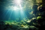 Captivating photo of the sun shining through the crystal-clear water in a mesmerizing cave, Underwater sunlight through the water surface seen from a rocky seabed with algae, AI Generated