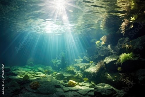 Captivating photo of the sun shining through the crystal-clear water in a mesmerizing cave, Underwater sunlight through the water surface seen from a rocky seabed with algae, AI Generated © Iftikhar alam