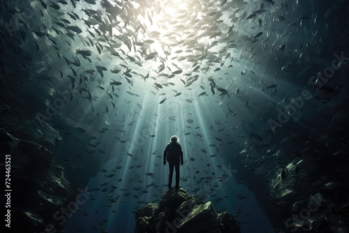 Witness the captivating sight of a man standing amidst a school of fish in a mesmerizing underwater tunnel, Underwater, divers, shoals of fish, 8k Ultra HD, AI Generated