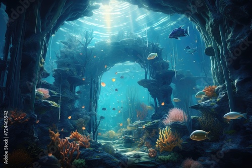 Experience the mesmerizing sight of an expansive aquarium brimming with a diverse array of fish, Underwater world depicted in a fantasy illustration, 3D rendering, AI Generated © Iftikhar alam