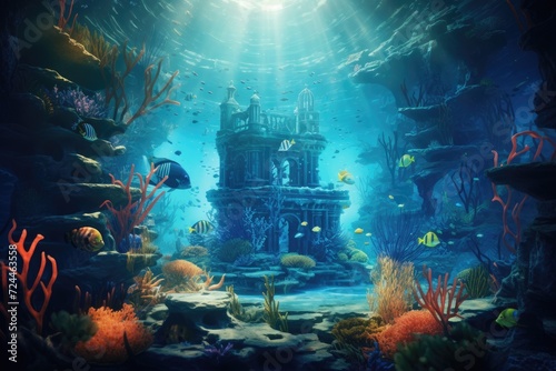 A breathtaking underwater scene showcasing a magnificent castle surrounded by the vastness of the ocean, Underwater world depicted in a fantasy illustration, 3D rendering, AI Generated © Iftikhar alam