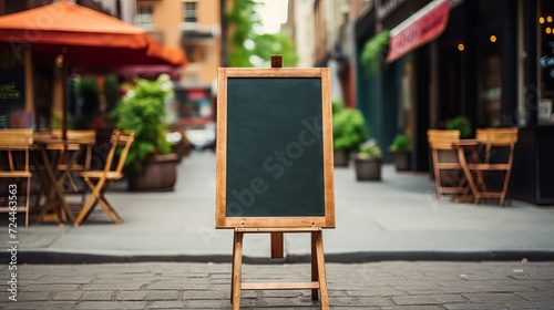 Empty sandwich board with a chalk drawing of a chef and a menu on a sidewalk in front of a restaurant