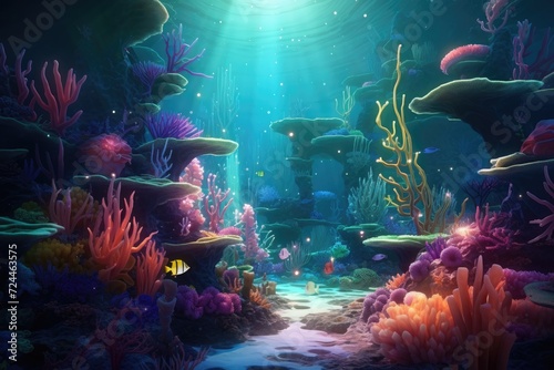 This photo captures a vibrant and lively underwater scene filled with colorful corals and a variety of fish, Underwater world depicted in a fantasy illustration, 3D rendering, AI Generated